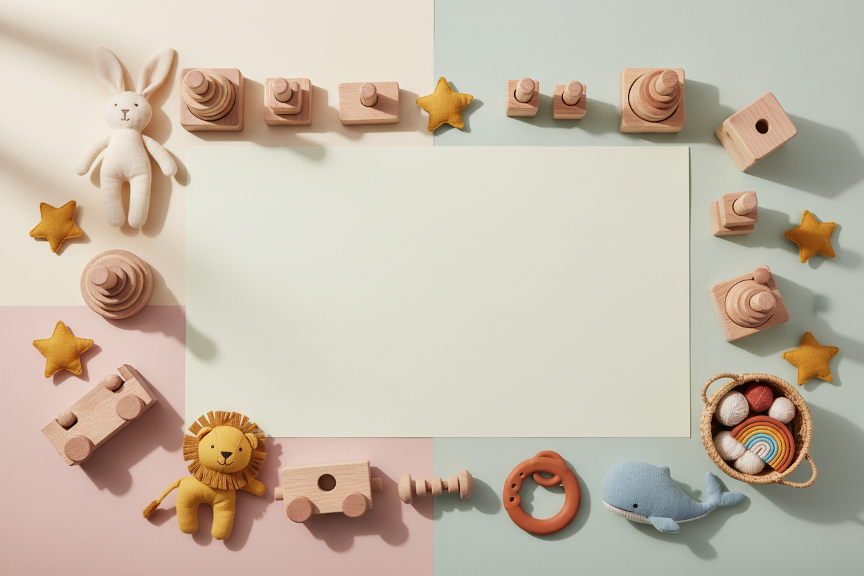 Minimal flat lay kids toys banner on pastel background. Neutral soft tones with pops of color. Toys arranged as a frame around the edges, center fully empty. Wooden textures, soft plush toys, balanced spacing. Clean, calm, premium Shopify homepage banner. Top view, natural shadows, high resolution, 16:9 format.