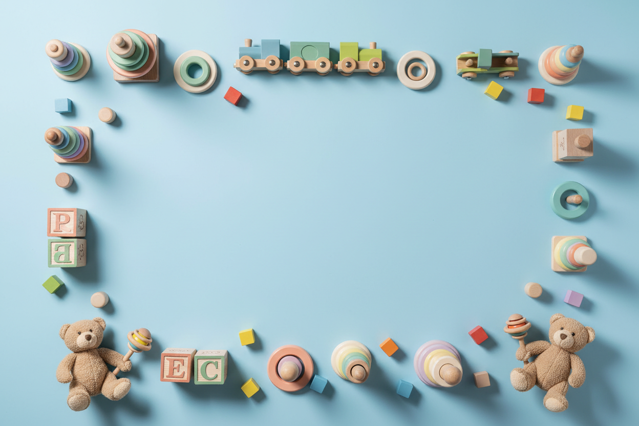 Wide 16:9 horizontal banner image for a kids and baby store. Soft pastel sky-blue background with large empty space in the center for headline text. High-quality wooden toys arranged only around the borders like a frame. Include a wooden toy train at the top, alphabet blocks and stacking rings on the sides, plush teddy bears in bottom corners, small colorful cubes scattered lightly. Modern minimal flat-lay style, top-down view, soft natural shadows, balanced spacing, playful yet premium look. Bright but gen